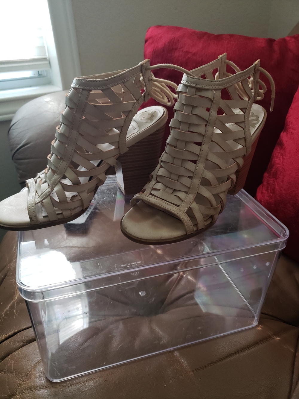 Beige Lace-Up Woven Gladiator Heels - Women's Sandals - Picture 6 of 9